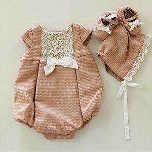 Shabby Chic Baby Girl 6-9 Months Pink Romper Hat Shoes Set Outfit